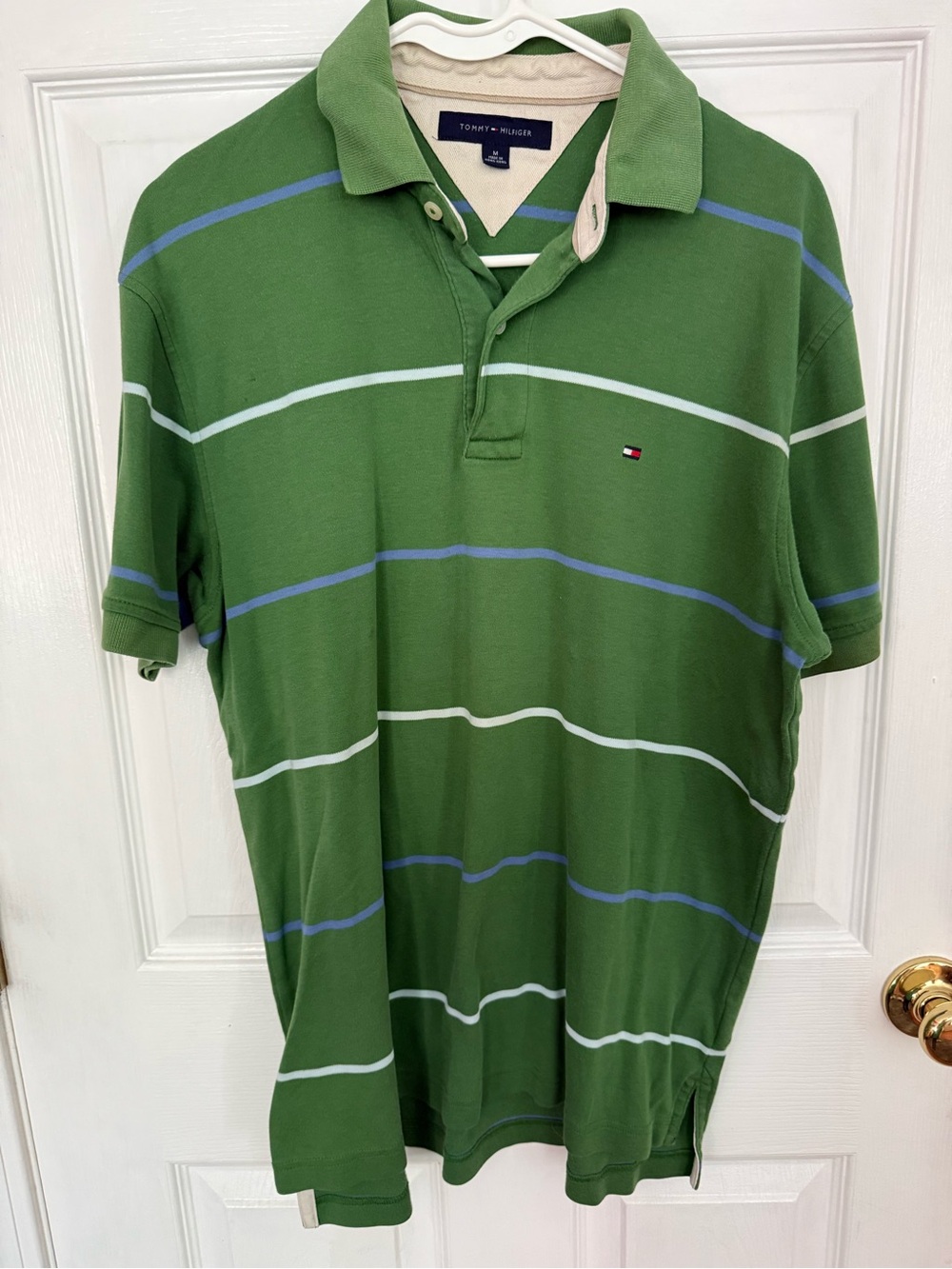 Tommy Hilfiger Green Polo with White & Blue Stripes
